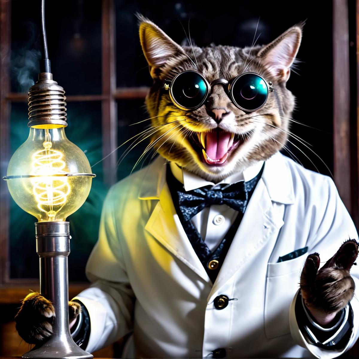 old evil scientist,  (((cat))), psycho, laughing, science coat, dark experiments, electricity sparks, victorian, dark scie...